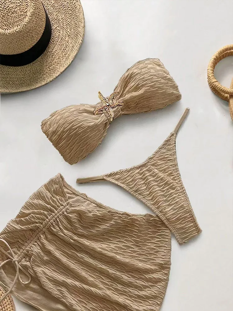 

НОВИНКА: Комплект из 3 предметов: бикини без спинки, юбка и топ без бретелек Vzvn. Сексуальный однотонный раздельный купальник для женщин. Идеально для пляжного отдыха.