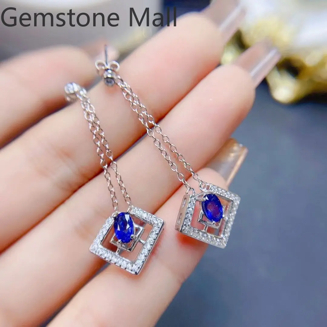 

100% Genuine Sapphire Drop Earrings for Daily Wear Total 1ct 4mm*6mm Sapphire Silver Earrings with 18K Gold Plating