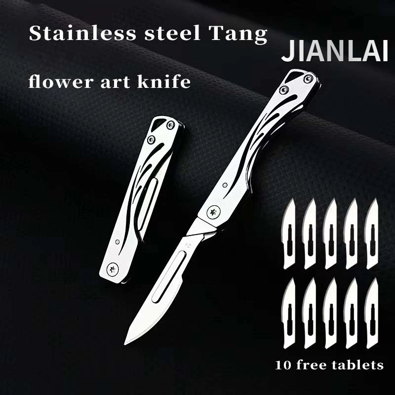 New mini stainless steel folding Scalpel, medical folding knife, outdoor unpacking pocket knife, with 10 replaceable blades