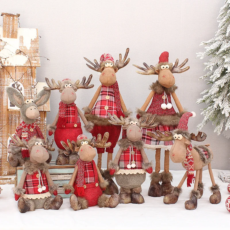 Christmas Cute Elk Decor Table Decor Red Fabric Retractable Standing Sitting Posture Deer Doll Christmas Decor New Year 2024