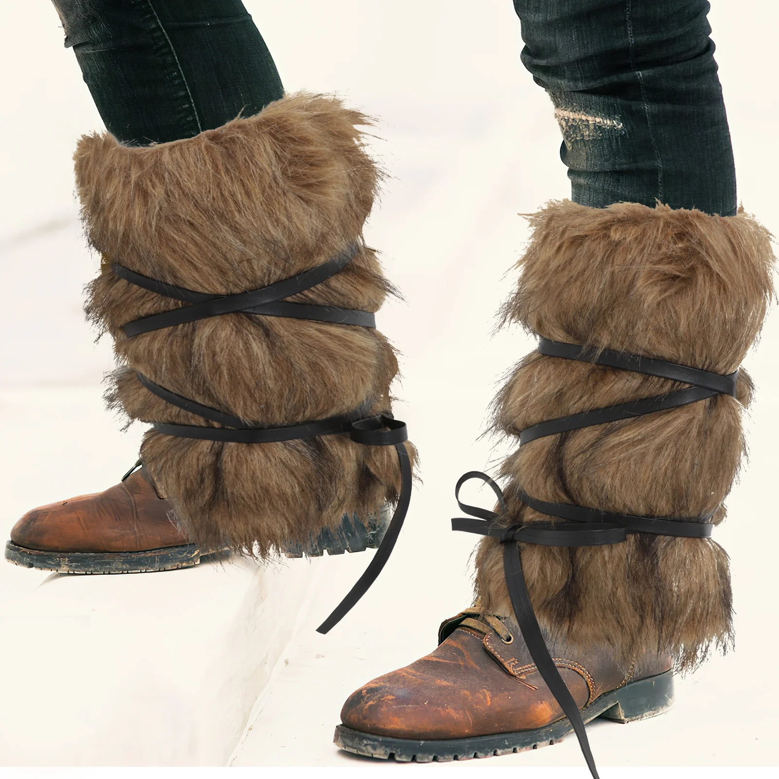1 ensemble de jambières en Faux Style Viking, couvre-bottes marron avec sangles élastiques pour Cosplay, accessoires de fête en Costume d'halloween