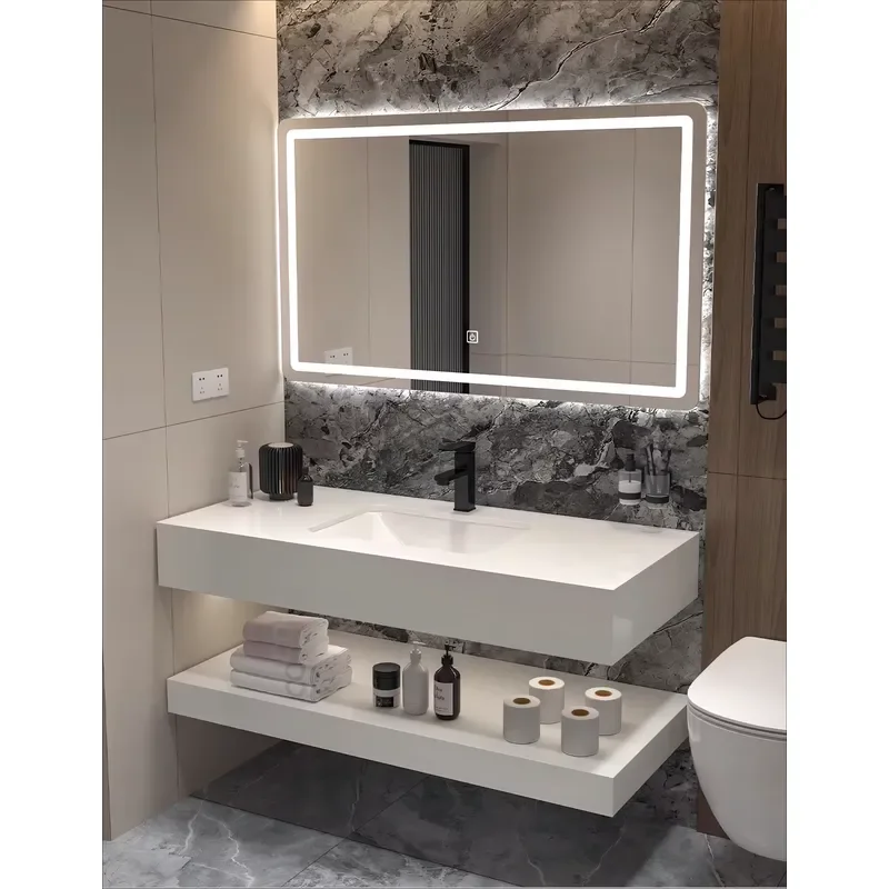Modern Multi-layer Board PVC Hotel Bathroom Vanity Set LED Wall-Mounted Mirror Cabinet-Water Resistant Eco-Friendly Matte