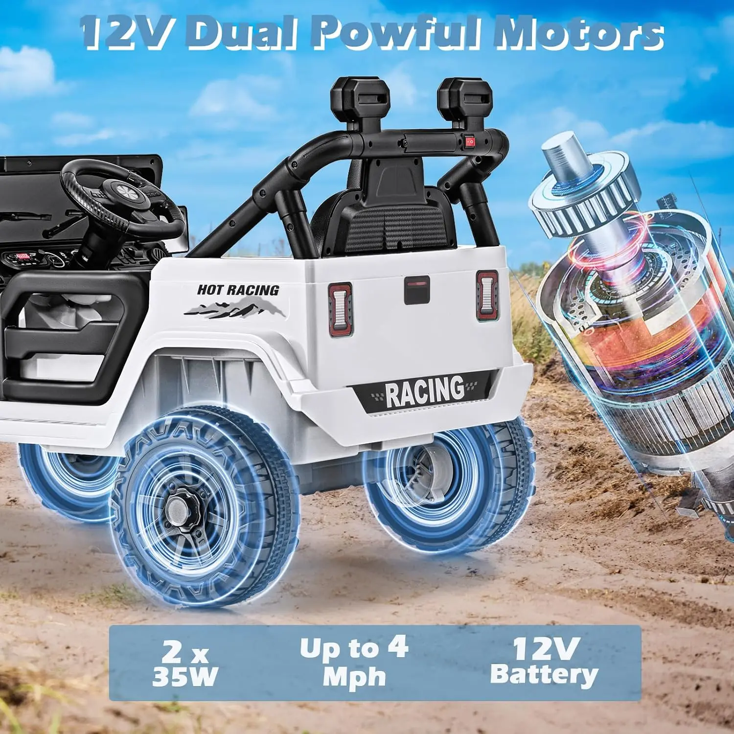 OLAKIDS Ride on Truck, 12V Battery Powered Electric Vehicle for Kids with Remote Control, Bluetooth, Power Display, LED Lights,
