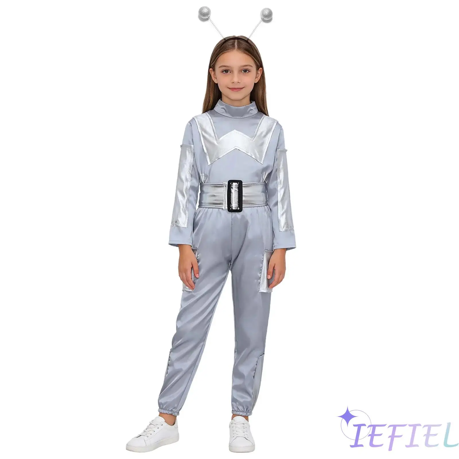 

Children Robot Costume Set 4 Pieces A Line Design Long Sleeve Top with Waistbelt Long Pants and Hair Hoop for Themed Parties