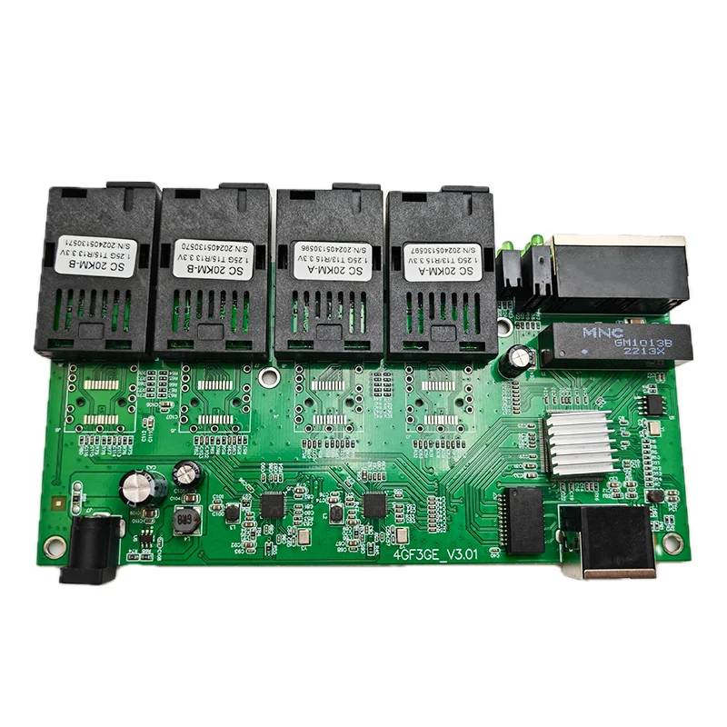 1.25G 20KM Ethernet Fiber Switch 4 Fiber Ports 3 RJ45 Ports 1000MBPS 4 SC 3 Lan Fiber Optic media converter PCBA Board