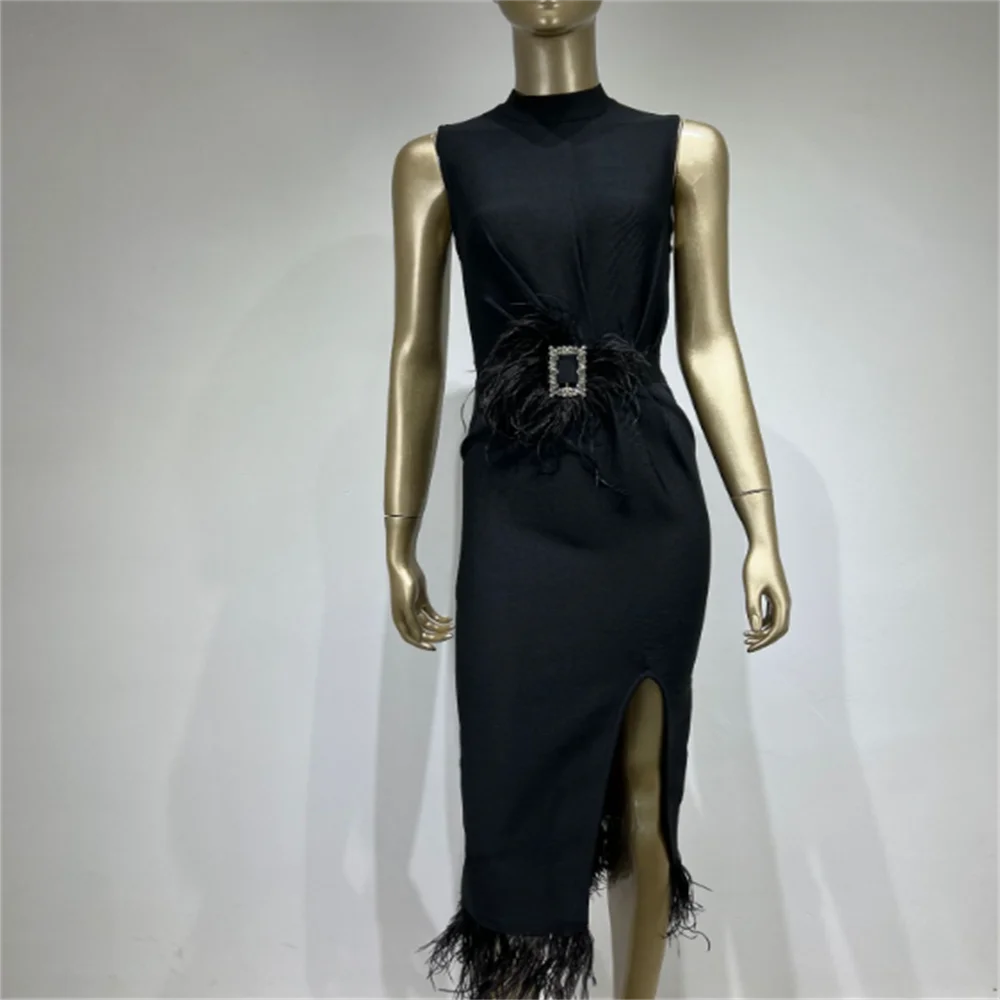 

New black bandage dress stretch women summer fashion feather party dresses