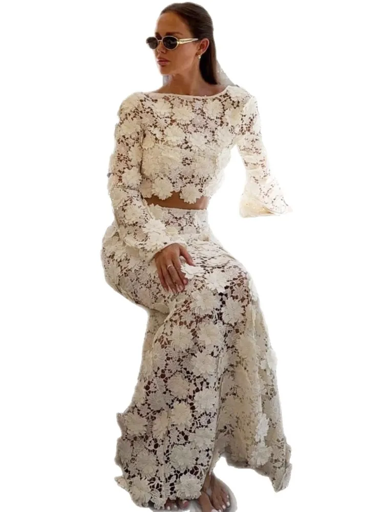 Swimwear Skirt Cover-up 2 Piece Set Women Crop Tops And Maxi Skirt Bathing Suit Fashion Solid Hollow Sexy Beach Cover Up Outfits