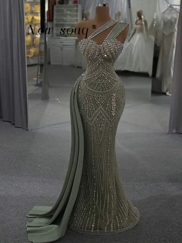 Sage Green One Shoulder Mermaid Evening Dresses with Side Train Customized Crystals Beaded Formal Long Prom Gowns for Weddings