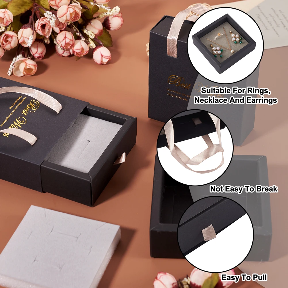 8pcs Ribbon Handles Drawer Paper Jewelry Set Box with Sponge for Necklace Rings Earrings DIY Present Packaging 10.1x10.1x3.6cm