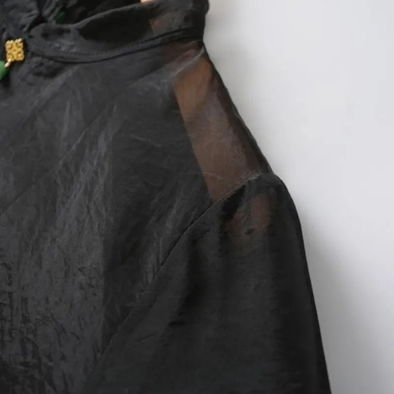 2025 neue Sommer Stehkragen Schwarze Bluse Frauen Mode Sexy Durchsichtig Seide Sonnenschutz Frauen Hemd Casual Weibliche Tops