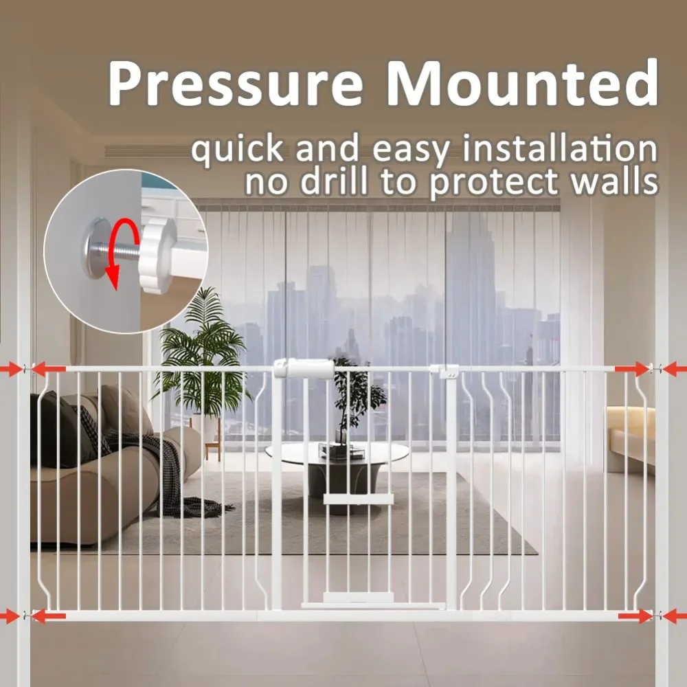 Baby Safety Gate with Cat Door,57"-66" Extra Wide Pressure Mount Pet Gate White Metal