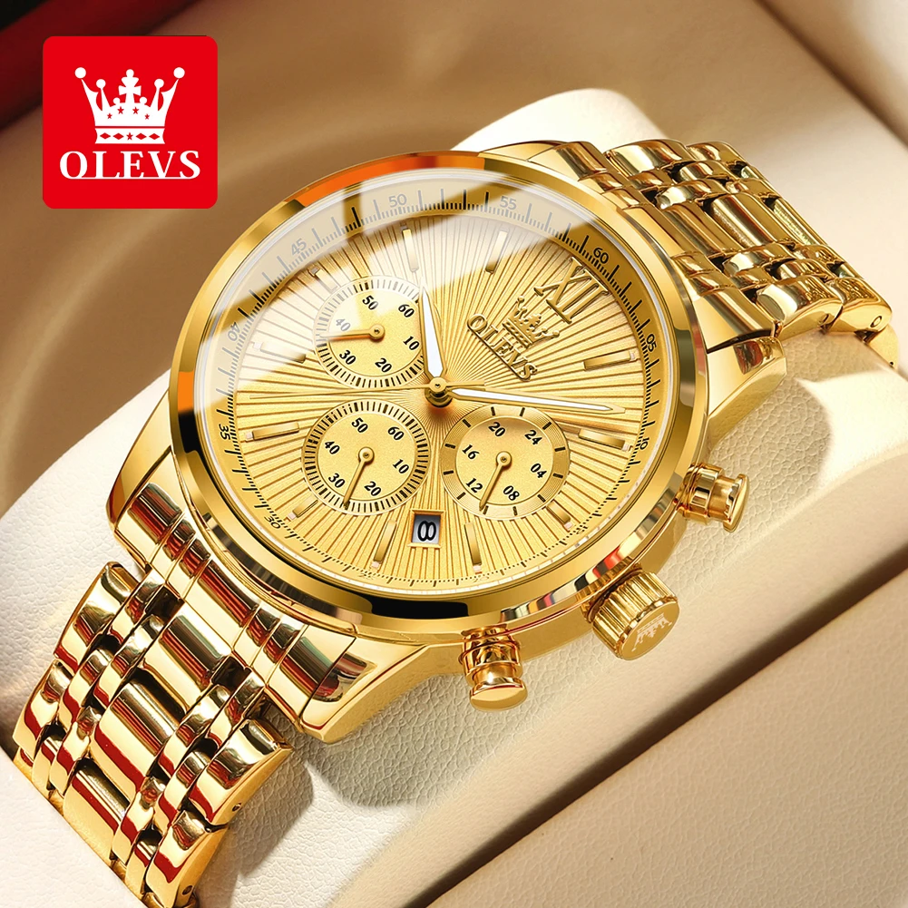 OLEVS Men's Watches Luxury Fashion Original Wristwatch Stainless Steel Strap Waterproof Luminous Chronograph Date 24 Hour Dial