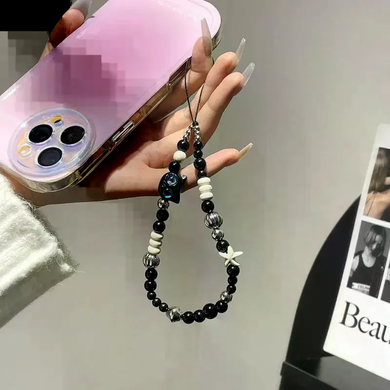 Black Mobile Phone Lanyard Cartoon Cat Anti Lost Rope Wrist Strap Bead Bracelet Design Plush Car Keychain Bag Accessory