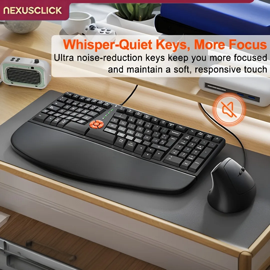 NexusClick Ergonomic Split Keyboard and Mouse Set,Wired Plug and Play,Quiet Keys,Leather Wrist Rest,Adjustable DPI for PC Office