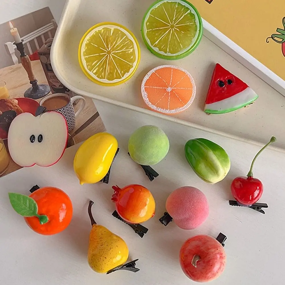 Horquilla de frutas de simulación de cereza con personalidad, Clip para el cabello de melocotón y limón, accesorios para fotos, Clip lateral para niñas