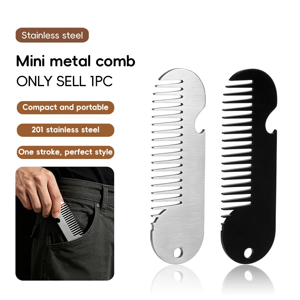Men's Anti-Static Metal Beard Comb, Wide-Tooth Stainless Steel Hair Comb, Portable Pocket Comb with Bottle Opener Function, Durable Daily Grooming Accessory