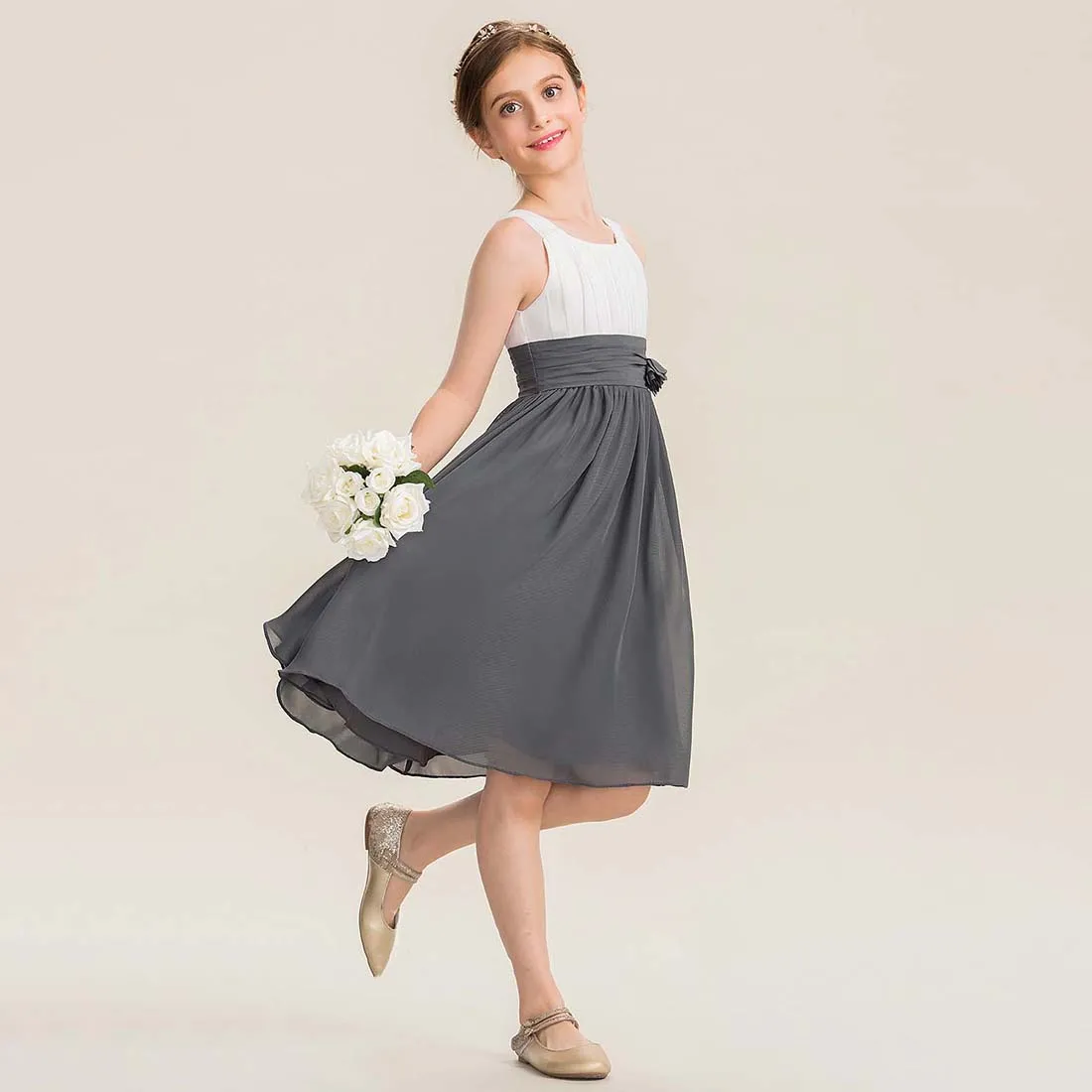 YZYmanualroom Chiffon Junior Bridesmaid Dress With Flower A-line Scoop Knee-Length 2-15T