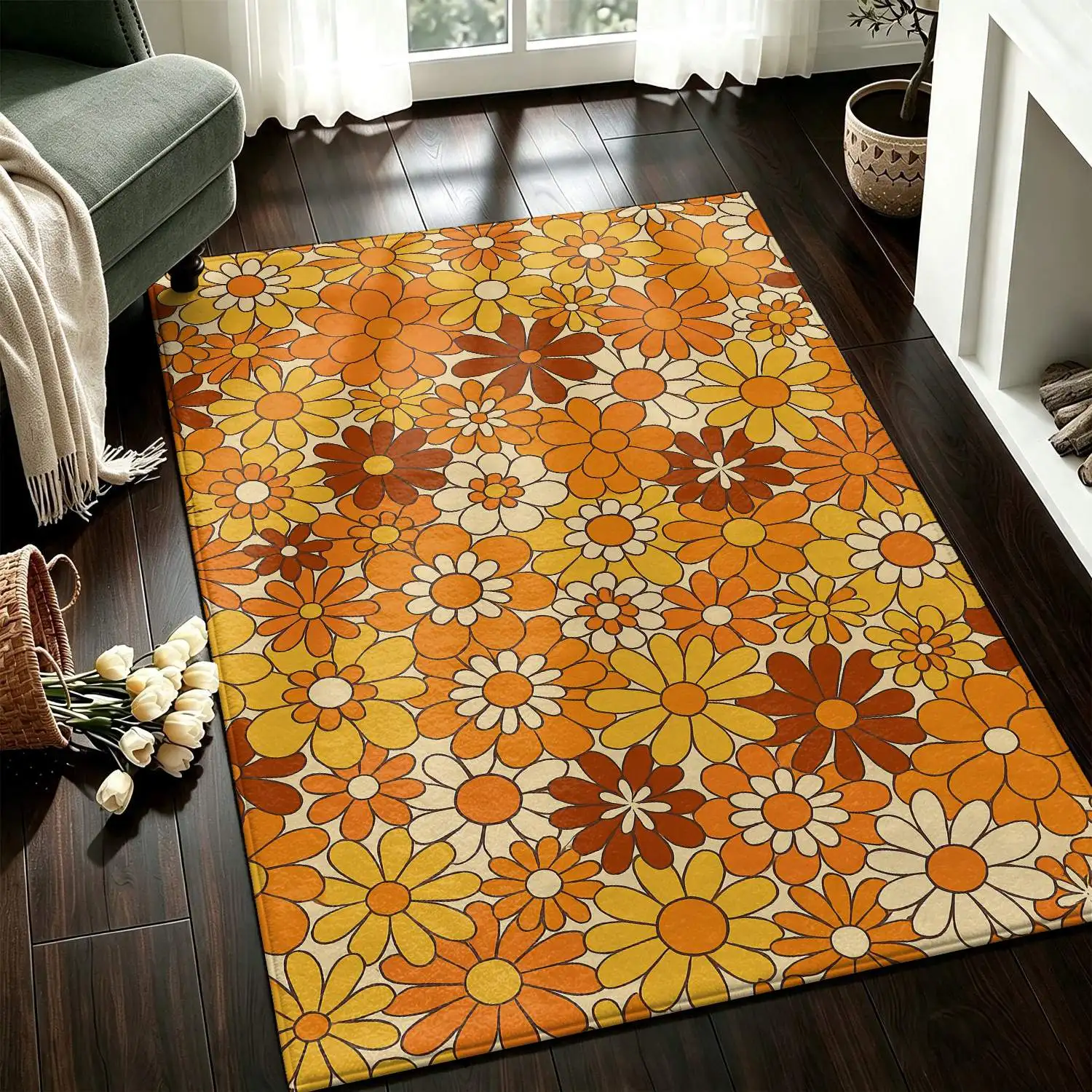 1Pc 2D Printed Retro Orange Floral Carpet, Also in European & Bohemian Styles, Machine Washable, Multi-Size for Home Decor, Entrance, Dining, Bedroom, Living Room