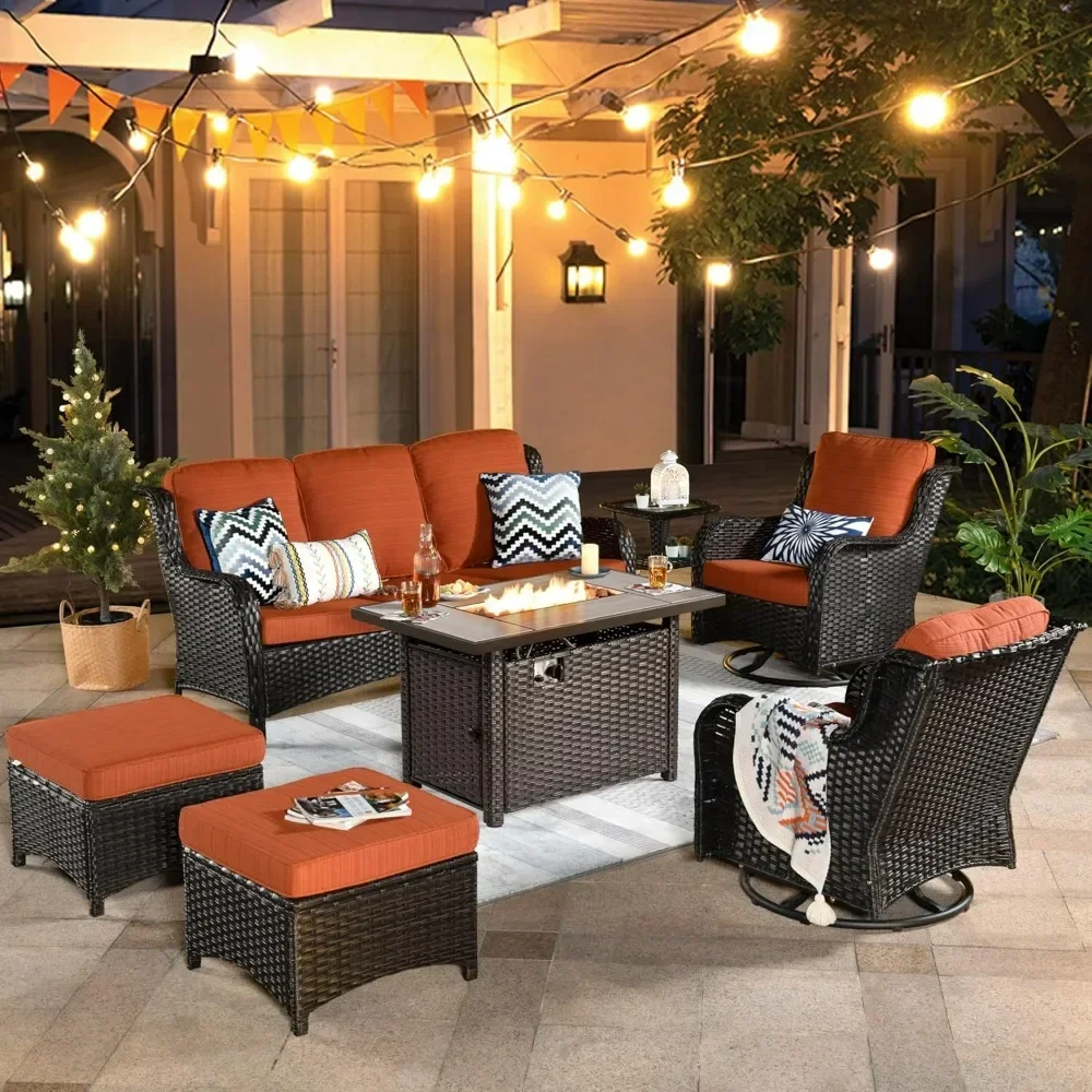 

Patio Furniture Set, 7 Piece Outdoor Wicker Swivel Rocking Chairs with Rectangle Propane Fire Pit Table, All Weather Sofa Set