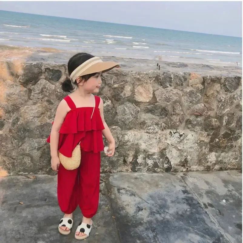 Children's Outfits Girl Clothes Red Ruffles Vest Tops + Pants 2 Piece Suit Summer 2025 Baby Toddler Girls Clothing Sets Kids