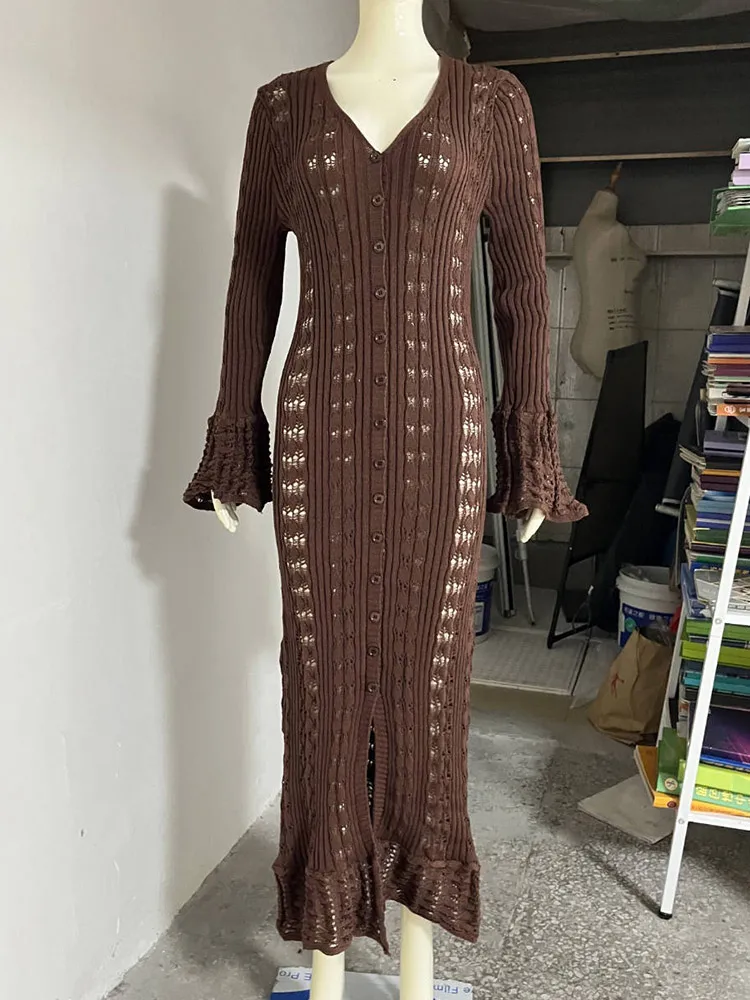 Cardigan all'uncinetto con maniche svasate scavate Boho Chic da donna, vestibilità lunga e ampia, da spiaggia, giacca leggera aperta sul davanti