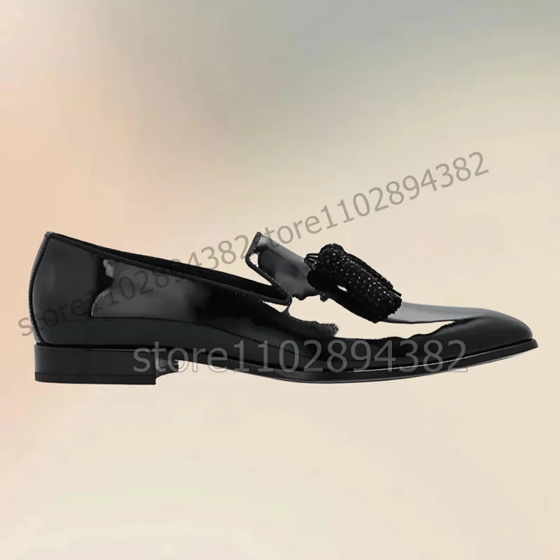 Rhinestone Tassels Decor Black Patent Leather Loafers Fashion Slip On Men Shoes Luxurious Handmade Party Wedding Men Dress Shoes