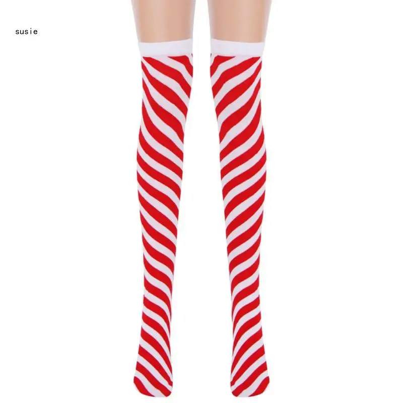 X7YA Women Christmas Peppermint Candy Cane Thigh High Socks Red White Striped Print Over Knee Long Stockings Cosplay Tights