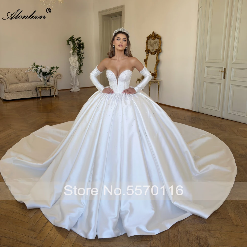 Alonlivn Custom Made Gorgeous Satin Sweetheart Ball Gown Wedding Dress Removable Sleeve Beaded Pearls Vintage Puffy Bridal Gowns