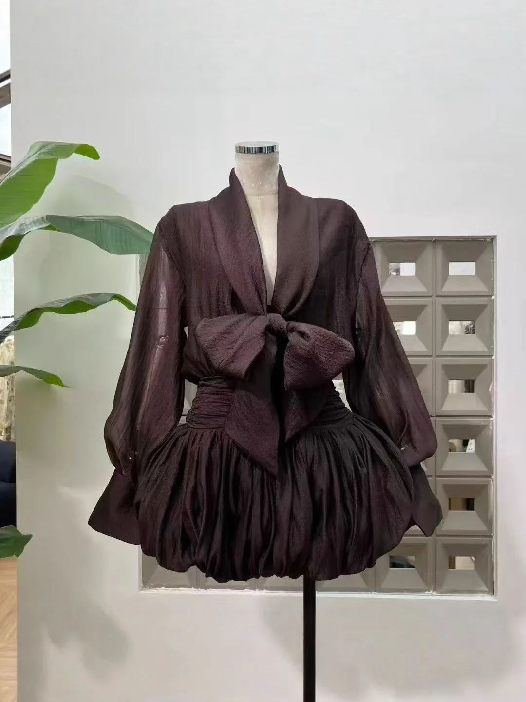 Putao Mini Evening Dress Lapel Long Sleeve Big Front Bow Ruched Waist Bubble Hem Cocktail Gown For Banquet Birthday Formal Party