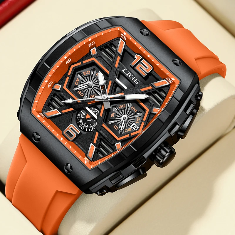 

LIGE Men Watch Luxury Quartz Watches Silicone Strap Sport Chronograph Rectangular Men's Wristwatch Waterproof Luminous watches