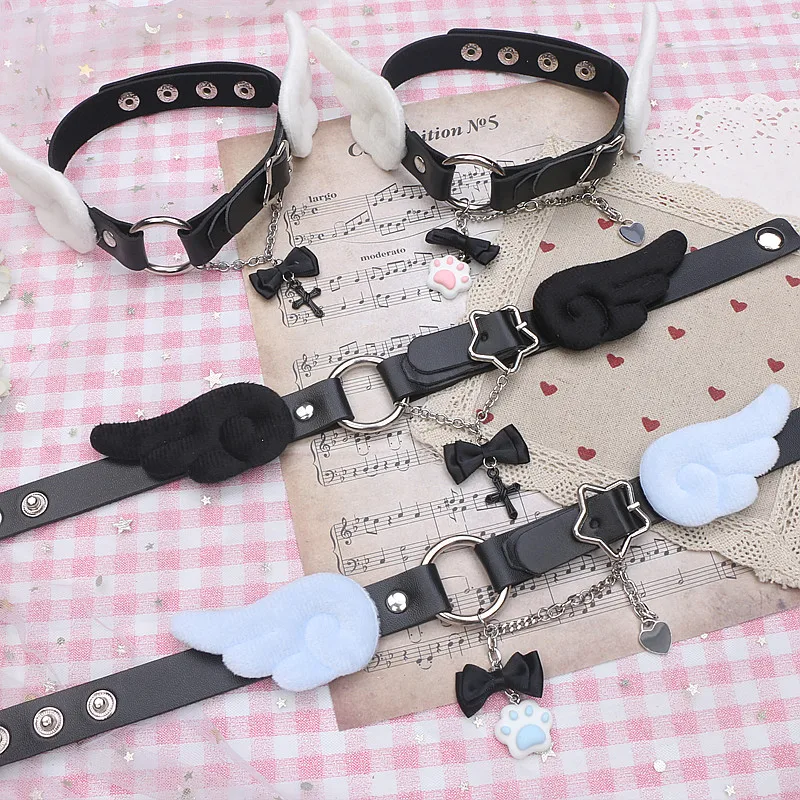 

Крутое оригинальное колье из искусственной кожи Y2k Subculture, милое уникальное ожерелье из искусственной кожи с крыльями и крестом кошачьим когтем для женщин, украшение для темной девушки