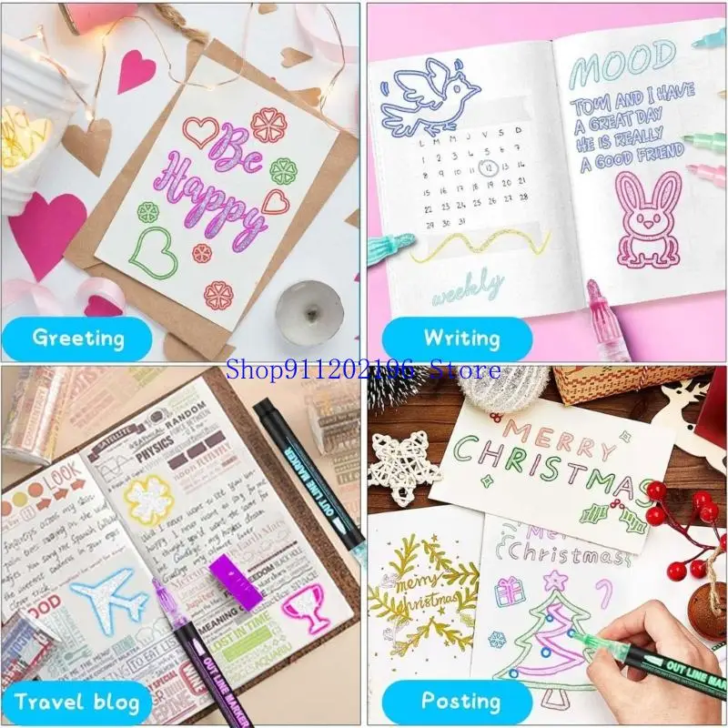 P82A Metallic Art Markers Outline Pen 2mm Tip Waterproof Highlighter Pen for Journal Planner Card Making Drawing Doodling