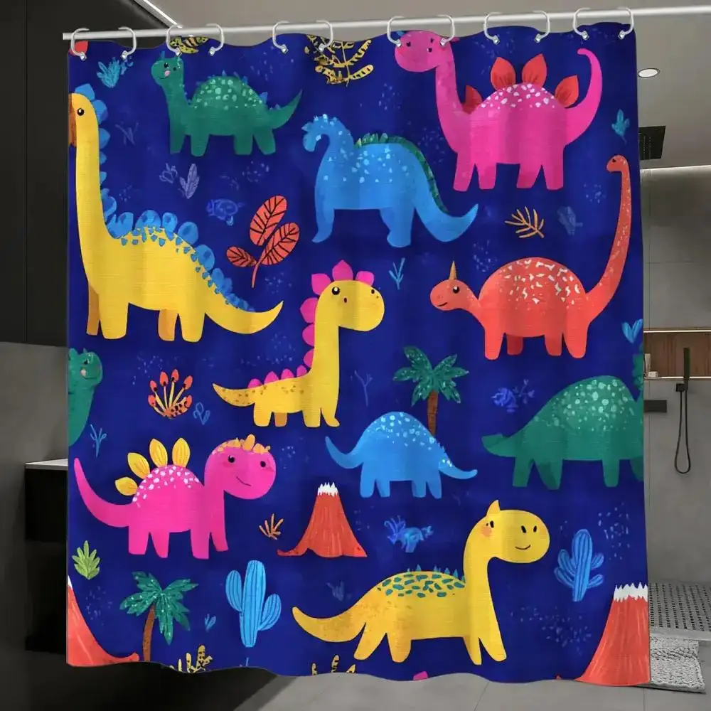 Dinosaur Illustration Shower Curtain Colorful Cartoon Dinosaurs, Volcanoes & Palms, 12 Hooks, 70.87×70.87