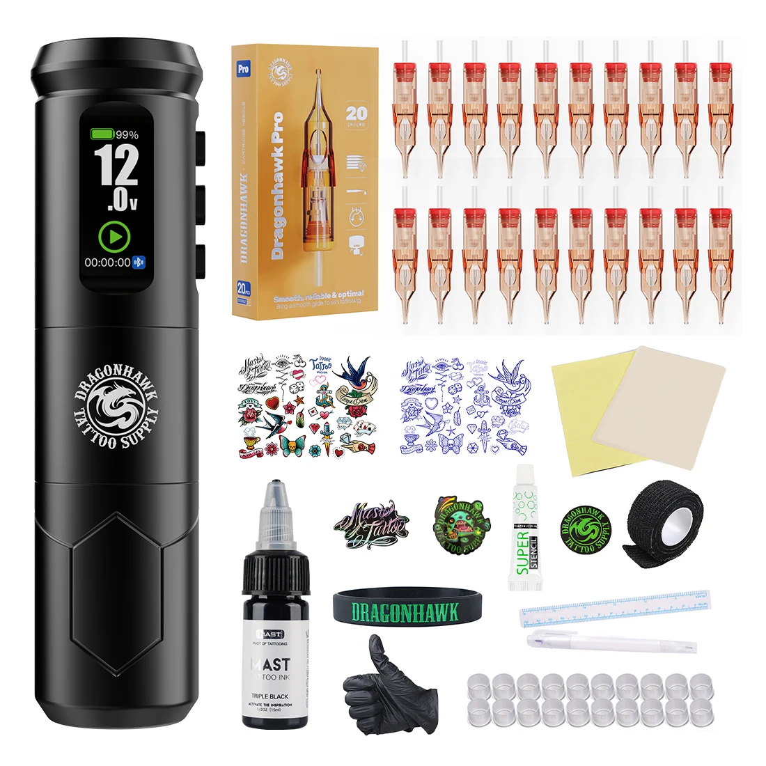 

Dragonhawk A1 Pro Wireless Tattoo Machine Full Kit 4.0mm Stroke 2000mAh Battery with Pro Cartridge Needles Portable for Beginner