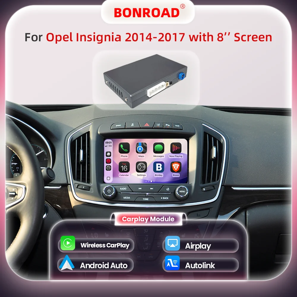 BONROAD Drahtloses CarPlay-Interface-Upgrade-Modul für Vauxhall Opel Insignia 2014-2017 mit Android Auto Bluetooth Mirrorlink