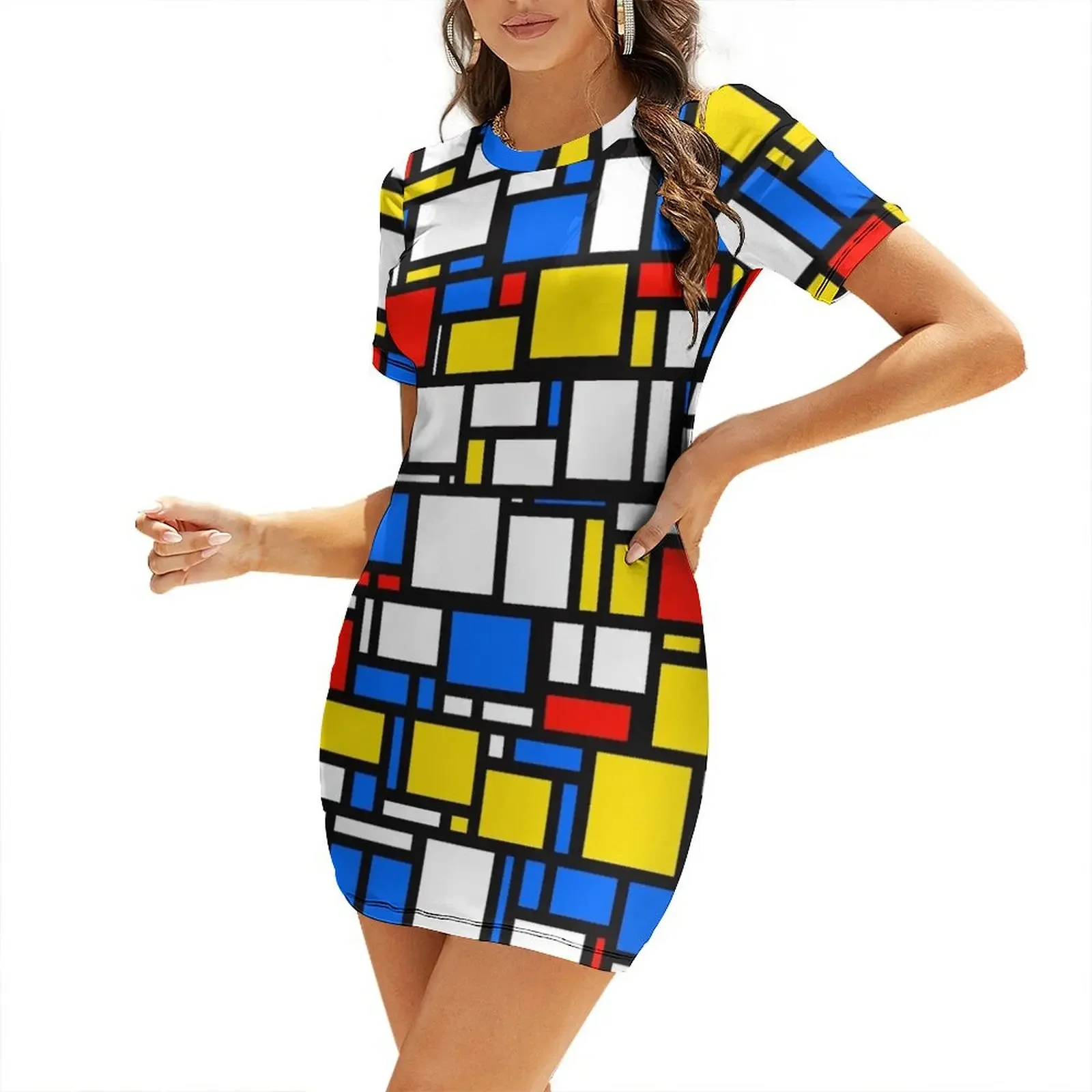 

Mondrian Style Short-Sleeved Dress dresses for women party dresses women evening dress ladies