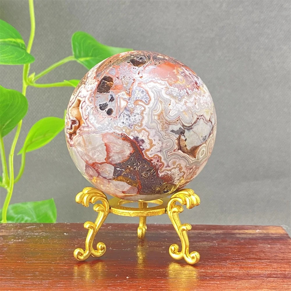 1PC Natural Mexican Agate Crystal Ball High-Quality Mineral for Yoga Meditation Massage Home Decor Includes Base