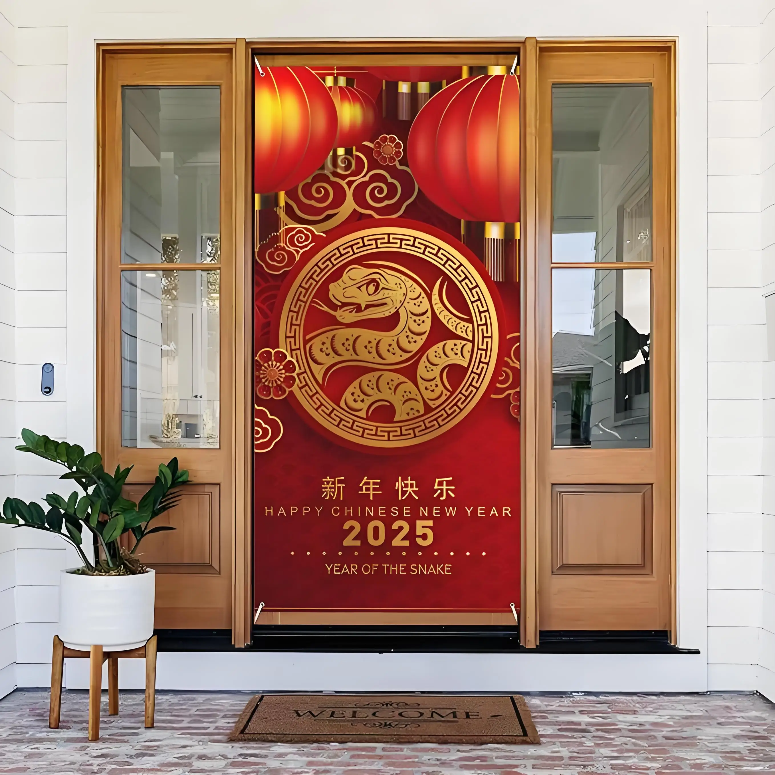 Chinese New Year decorative door banner, large fabric 2025 New Year party door cover, Year of the Snake background banner