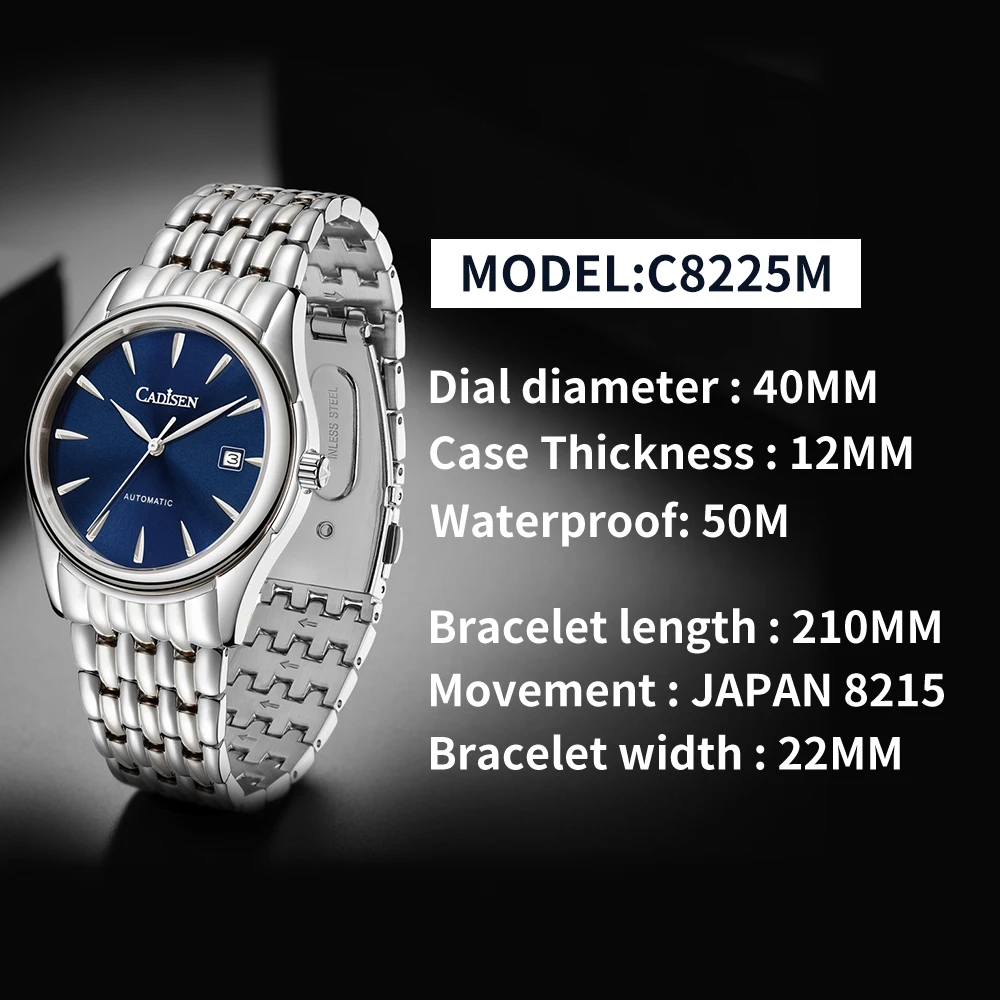 CADISEN 2024 New 40mm Men\'s Automatic Machinery Watches Stainless Steel AR Sapphire MIYOTA 8215 Business Watches Watch for Men