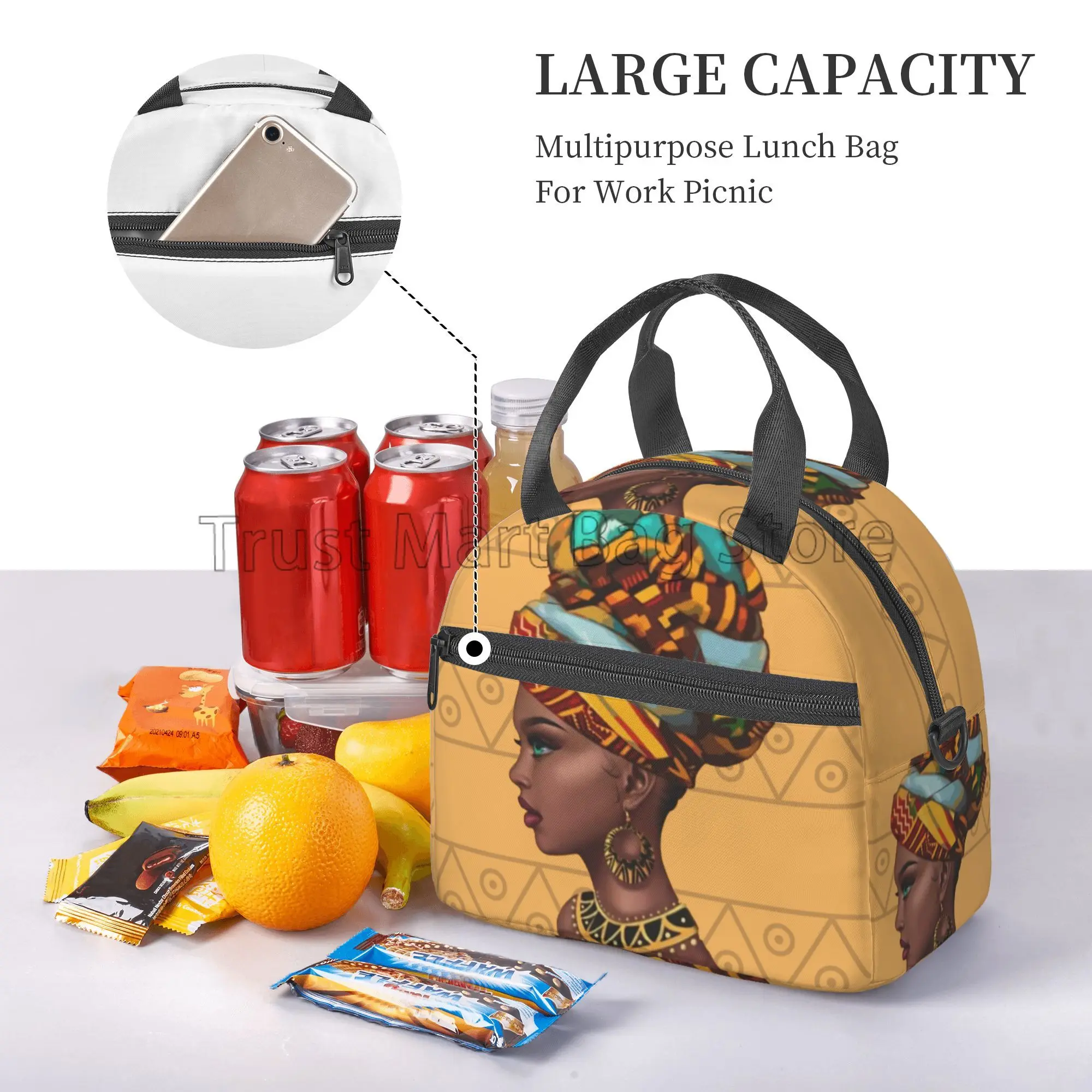 African American Black Girl Pattern Insulated Lunch Bag Reusable Thermal Lunch Box with Shoulder Strap for Work Picnic Beach