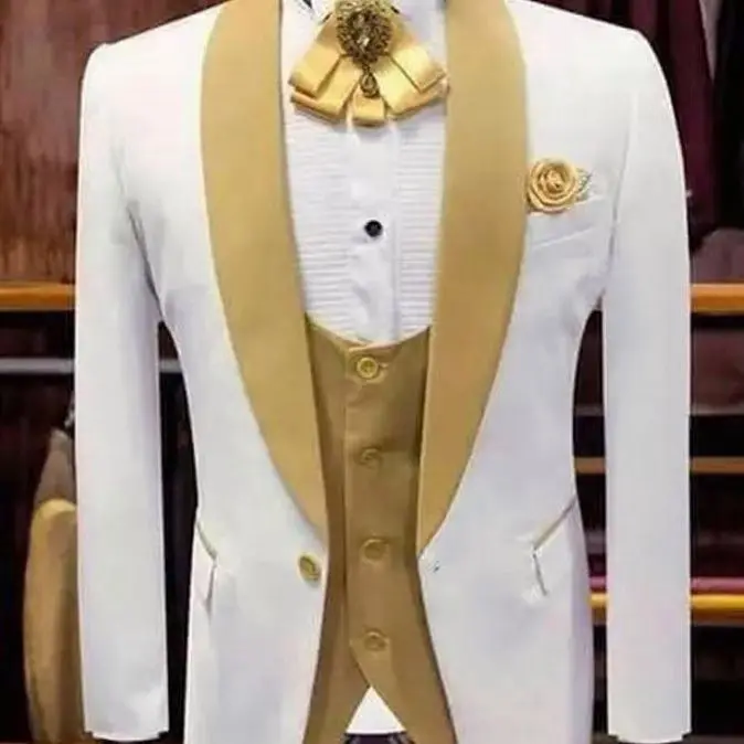 White and Gold Wedding Evening Dress Groomsman Shawl Lapel Men Suit 3PCS Costume Homme Jacket Vest and Gold  Pants