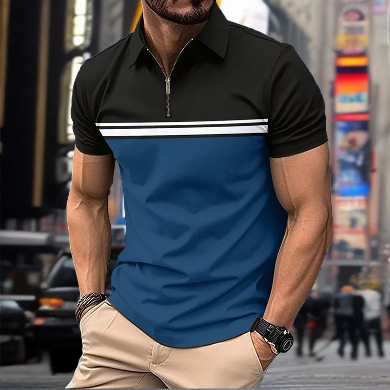 Fashion Street Striped Men's Zippers Polos T-Shirts Summer Short Sleeve 3D Printed Trend Male POLO Tee 6XL Plus Size Casual Tops