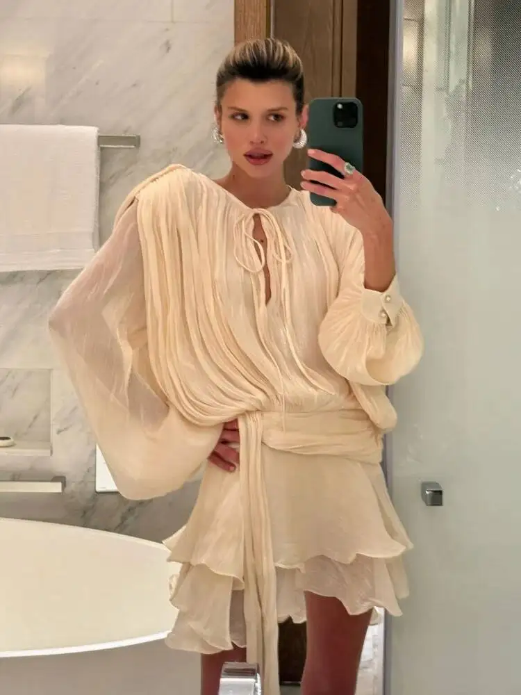 Fasion malha em camadas plissado vestido feminino sexy manga longa rendas até bodycon mini vestidos chique verão noite clube vestido de festa