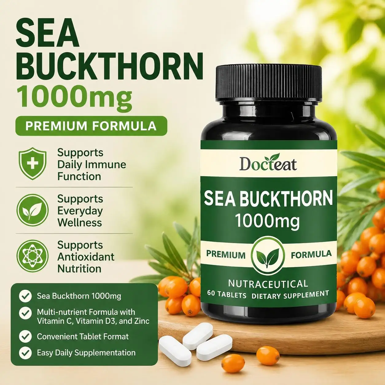 Docteat Sea Buckthorn 1000mg Tablets Daily Immune Function Support Antioxidant Nutrition Vitamin C Zinc Vitamin D3 60 Tablets