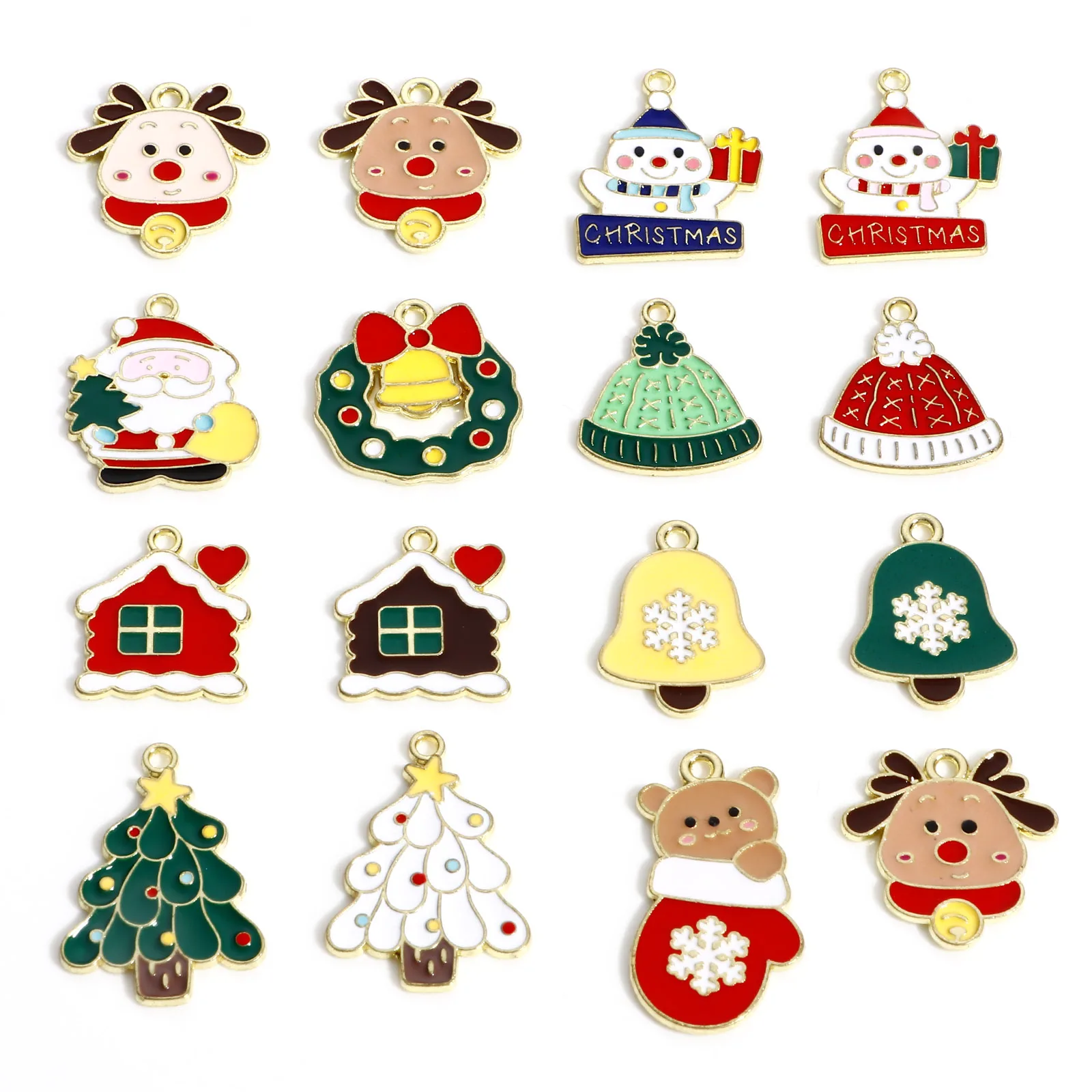 10pcs New Cute Cartoon Christmas Charms Multicolor Enamel Santa Claus Elk Tree Pendants DIY Necklace Earrings Chirstmas Jewelry