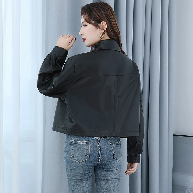 2023  Designer Women Short Genuine Leather Biker Jackets Office Lady Single Breasted Loose Outerwear Elegant Black Sheepskin Coa