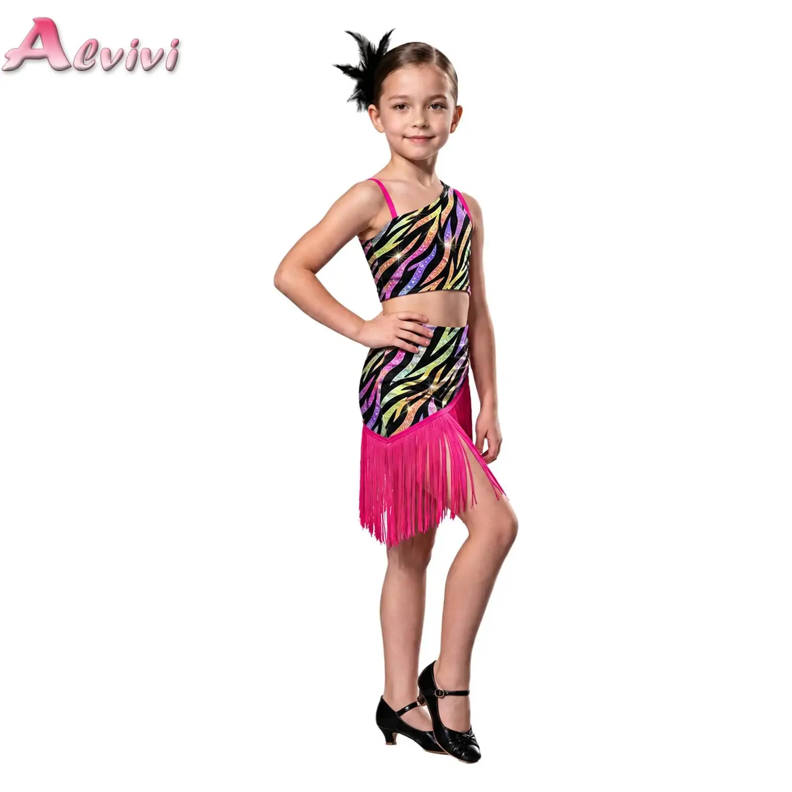 Kids Girls Latin Dance Set Leopard Performance Outfit One Shoulder Crop Top with Built-in Shorts Tassel Skirt Ballroom Dancewear