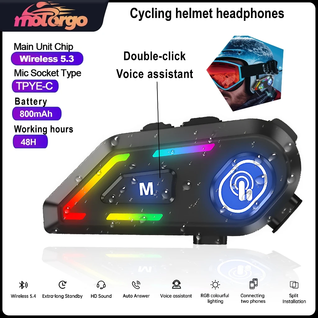 C5 Motorcycle Helmet Wireless Headphones Stereo Voice Control  Bluetooth Hands-free Call Kit with Ambient Light