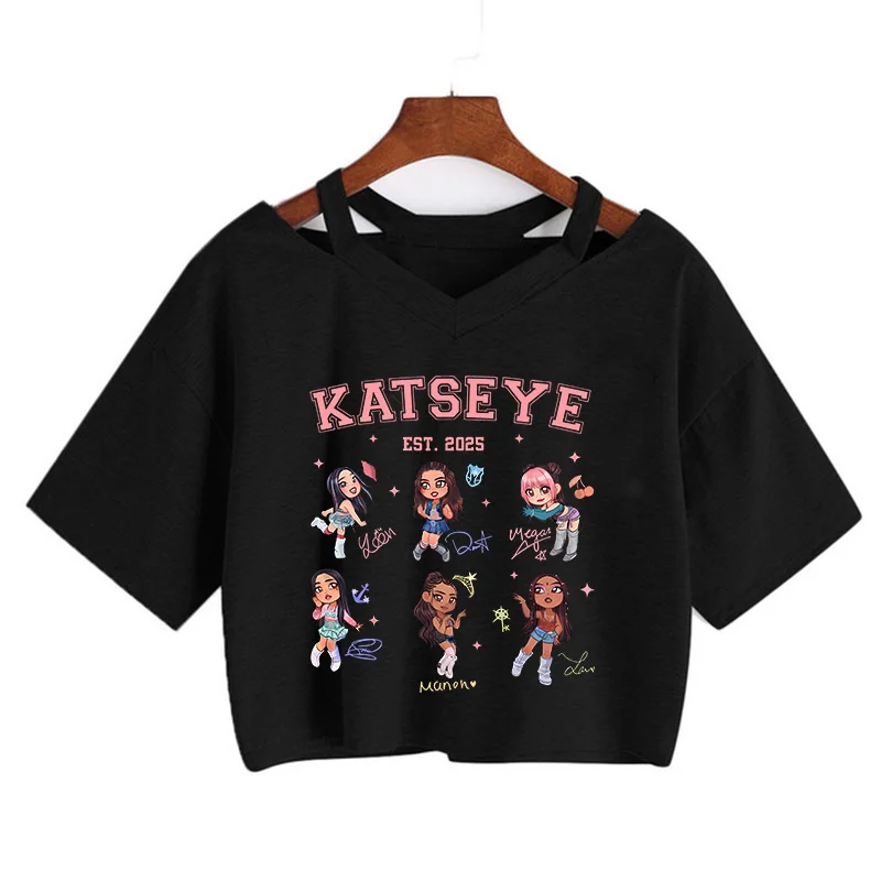 Women's Katseye Print Sexy Cropped Tee Shirt Hot Gothic Y2k Tshirt Women Korean Style Crop Tops Graphic Vintage T-shirt Clothes