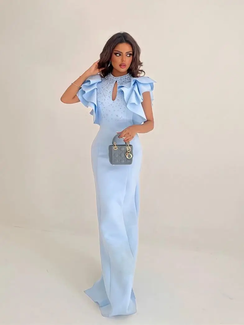 

Welove Prom Dresses Eleagnt High Collar Slit Sheath Party Dress Floor Length Sleeveless Sequin Formal Evening Gowns